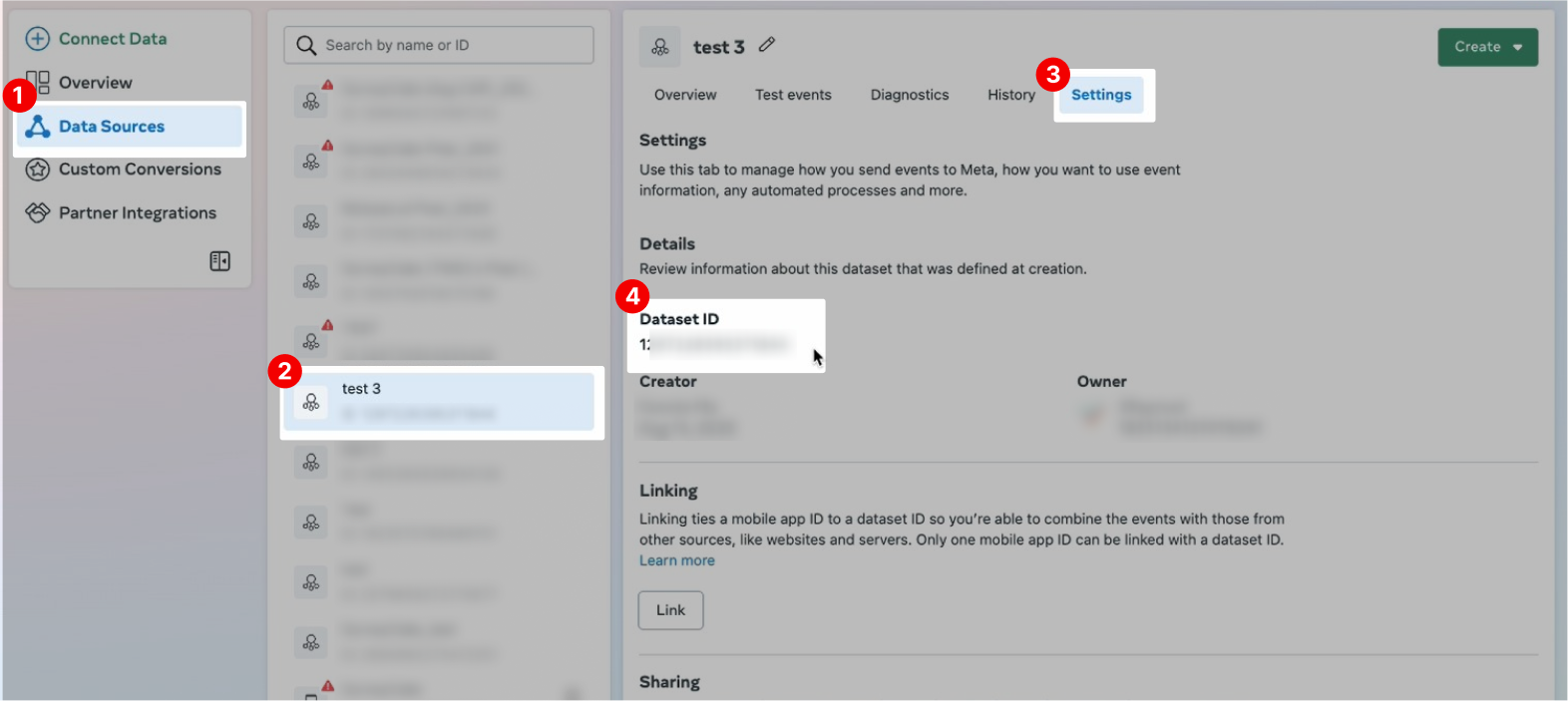 「データソース」ページの設定でデータセットID（Pixel ID）をコピーする画面