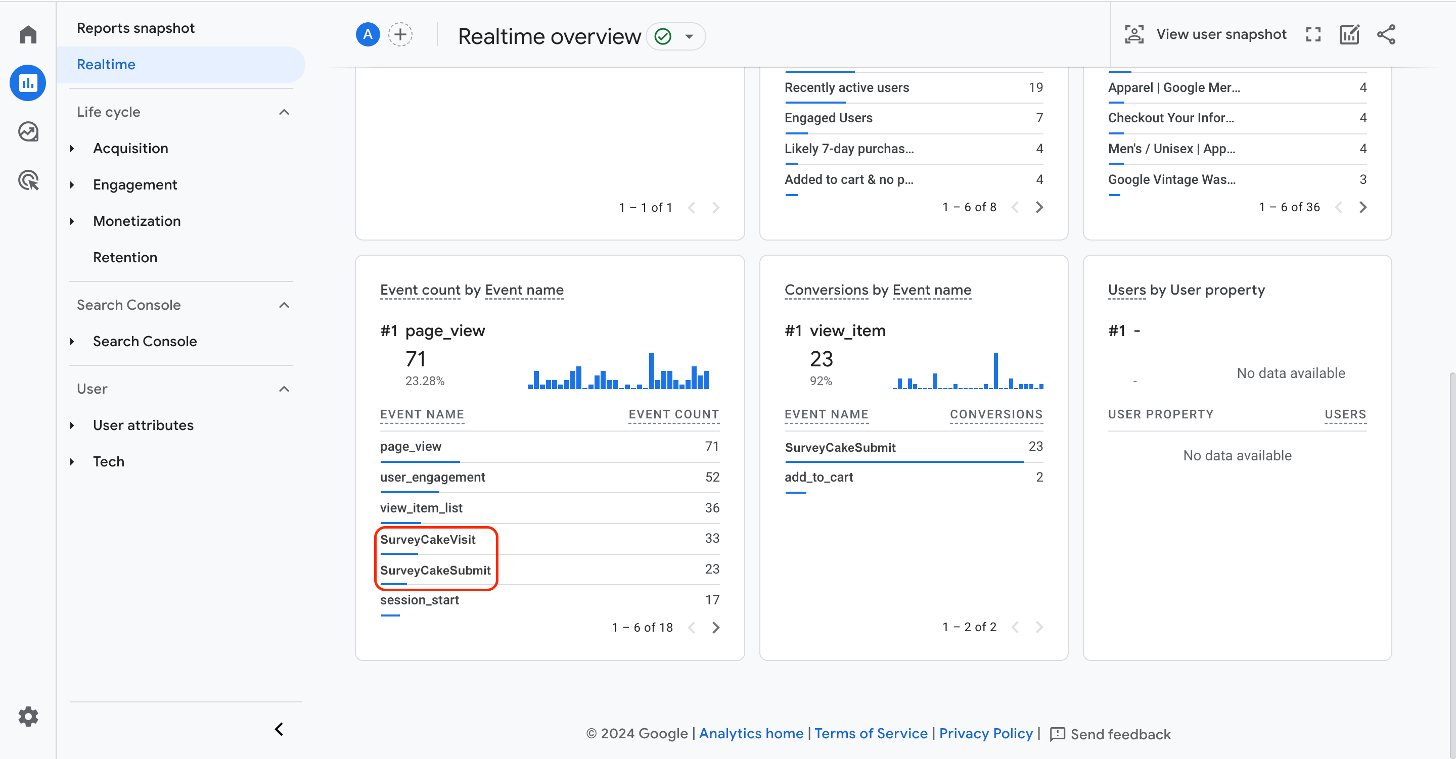 GA4 の「即時」レポートにて「イベント」フォームページでSurveyCakeSubmit、SurveyCakeVisitイベントの確認