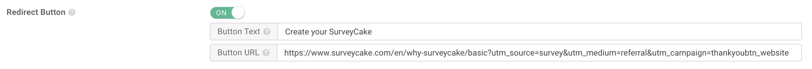 終了ページの転送ボタンをオンにし、SurveyCake のデフォルトのボタンテキストとリンクを入力した設定