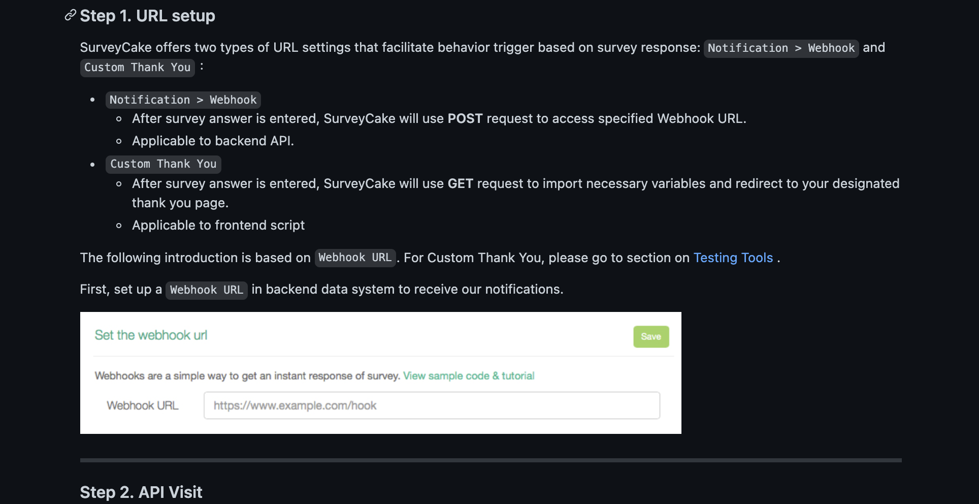 各ステップの説明と例が記載された Webhook ドキュメントの詳細