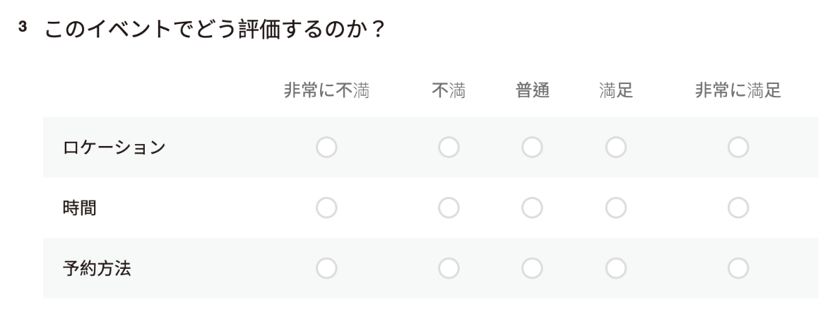 複数のカテゴリーを同じ評価基準でまとめて回答できる、回答者側の表示
