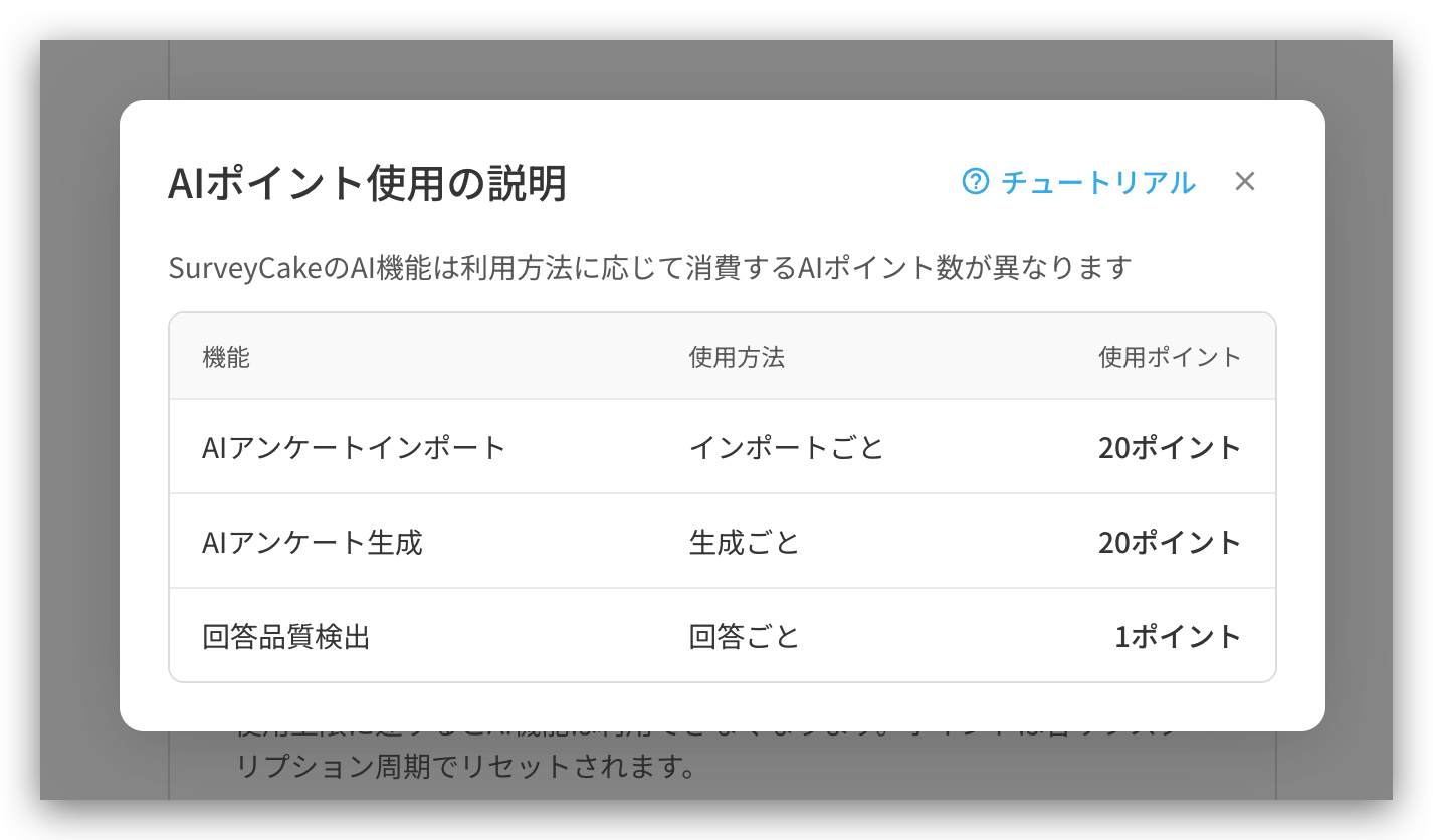 AI ポイントの残高と各AI機能の消費ポイント数の一覧