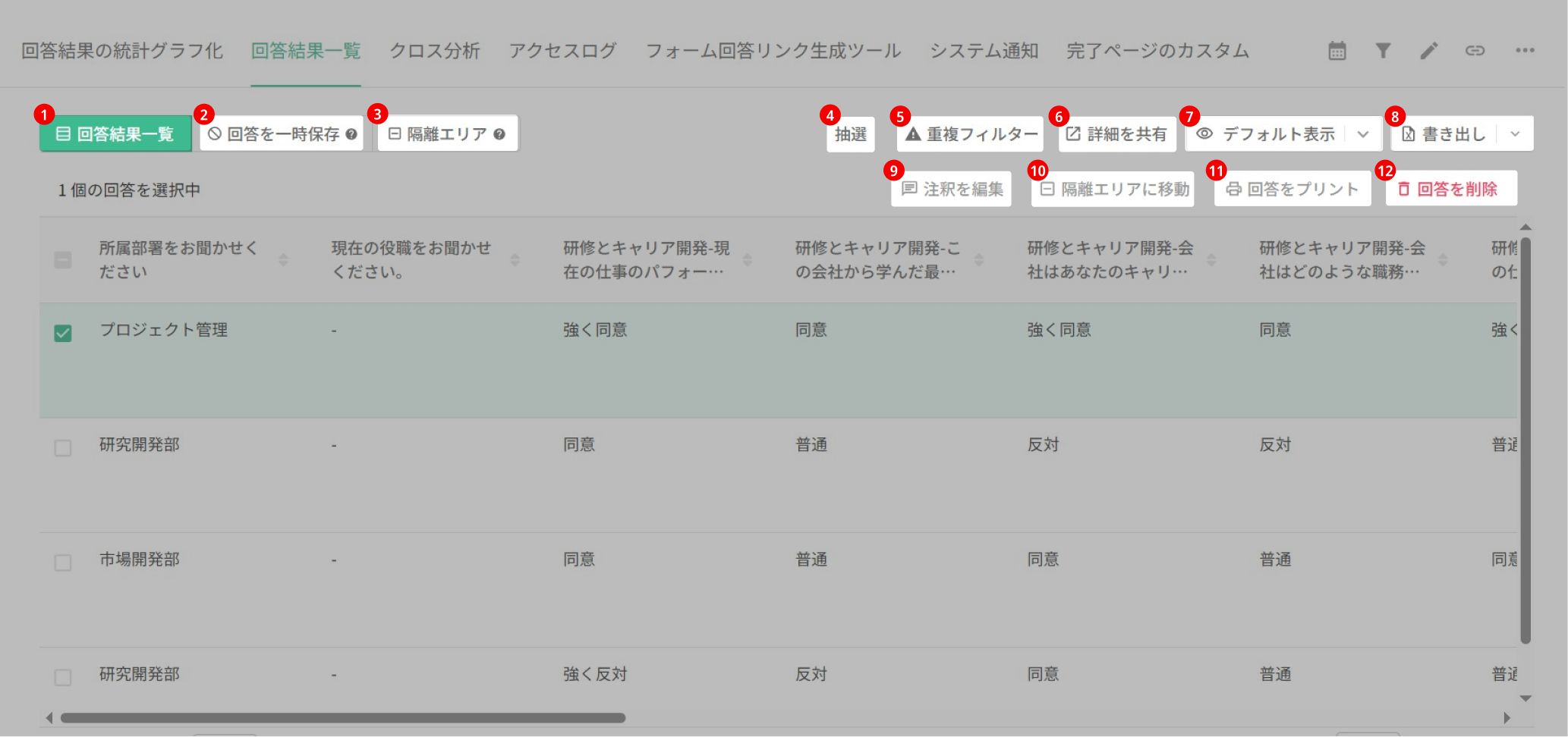 「回答結果一覧」の各機能に番号を振って示した操作エリアの全体像