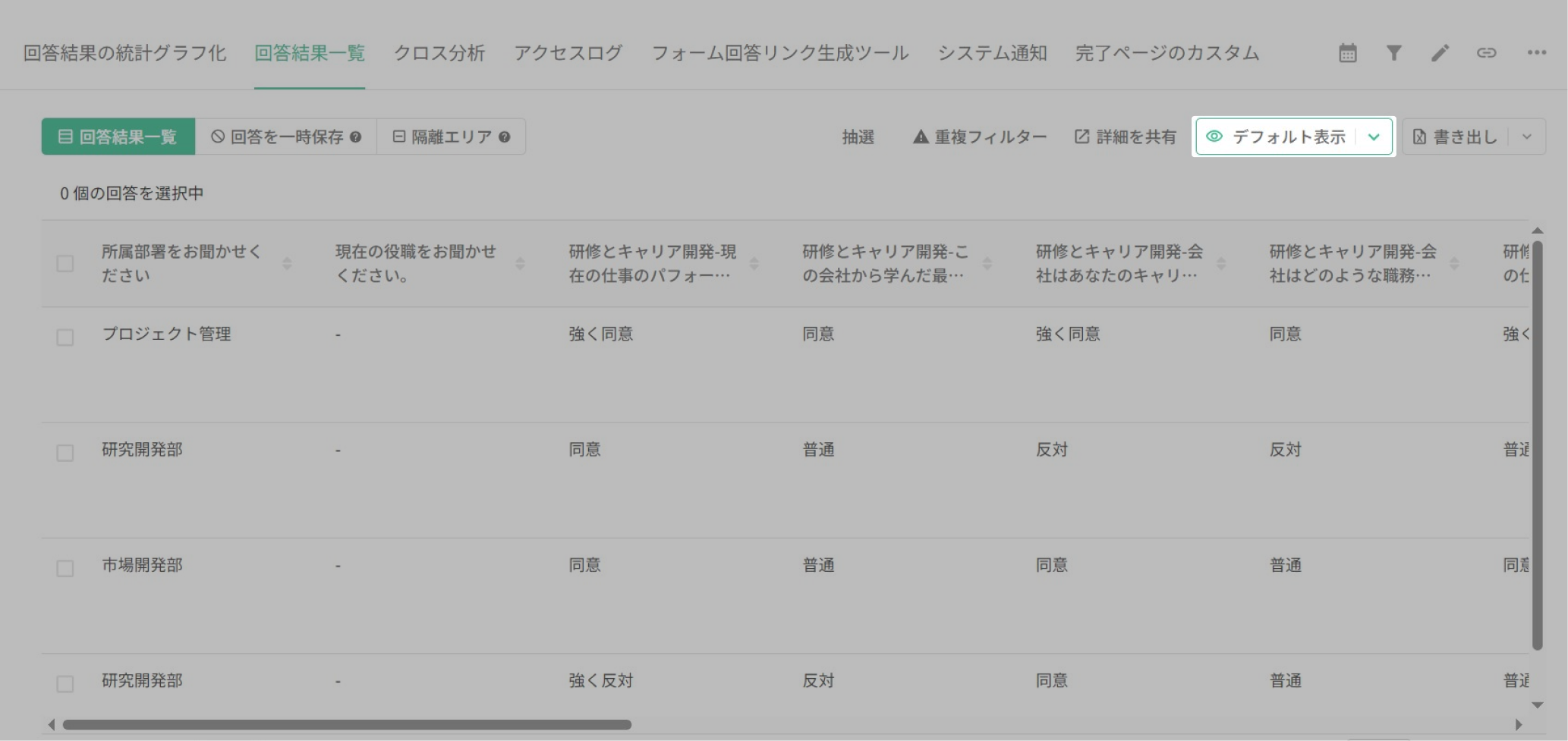 複数選択質問や並べ替え回答を Excel で扱いやすい形に展開した「カスタム表示」の一覧