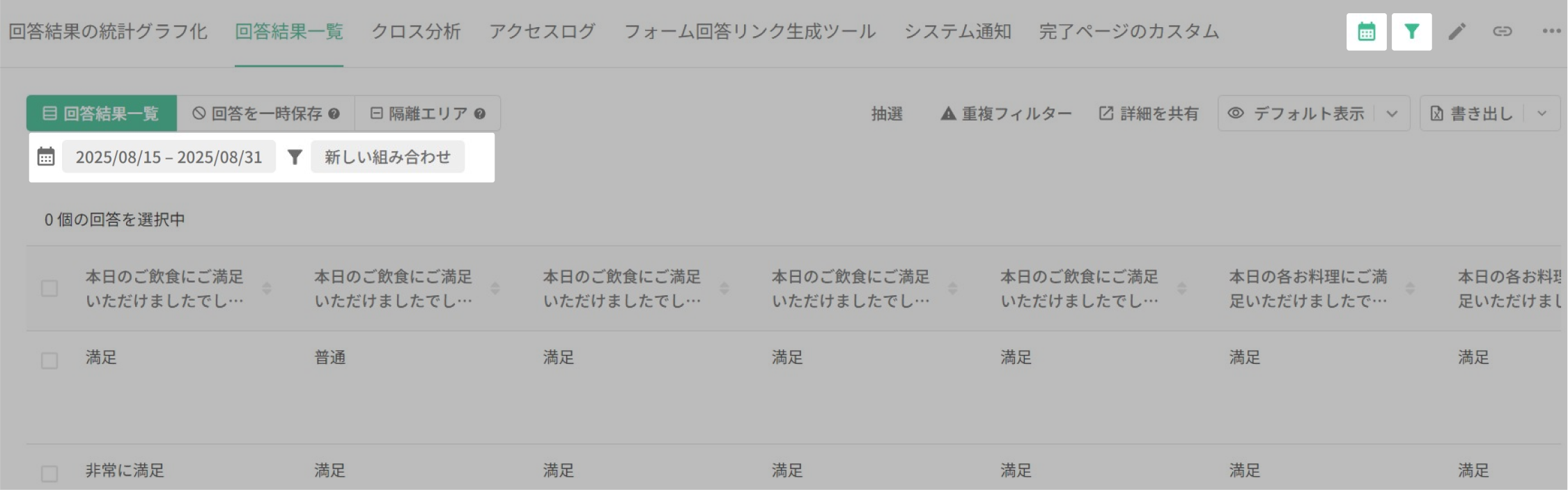 指定期間かつ性別が女性のサンプルだけに絞り込まれた結果