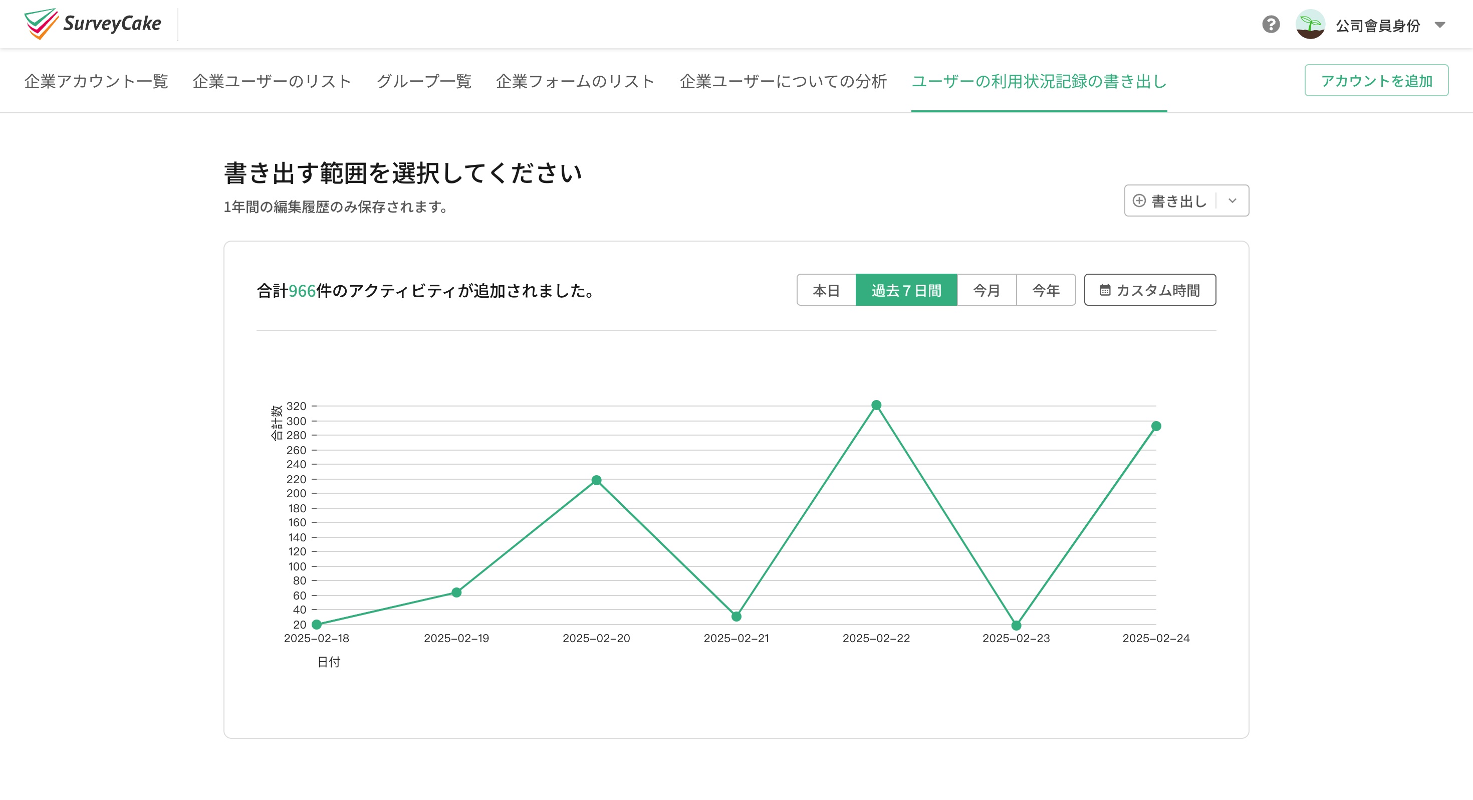 「ユーザーの利用状況記録の書き出し」タブ。データ範囲とエクスポート形式の選択