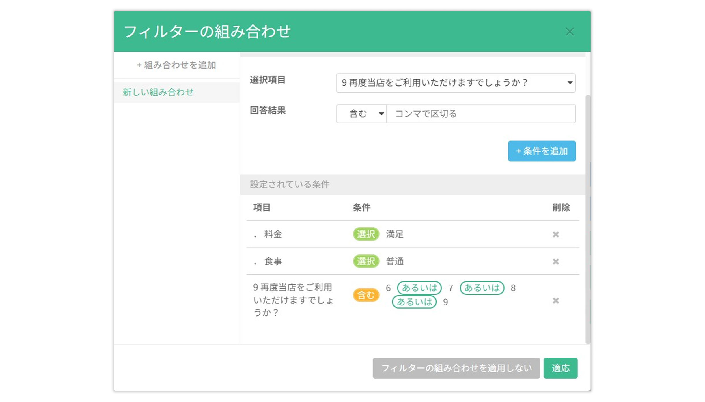 「適応」を選択し、設定した条件に合うデータだけが表示された統計チャート