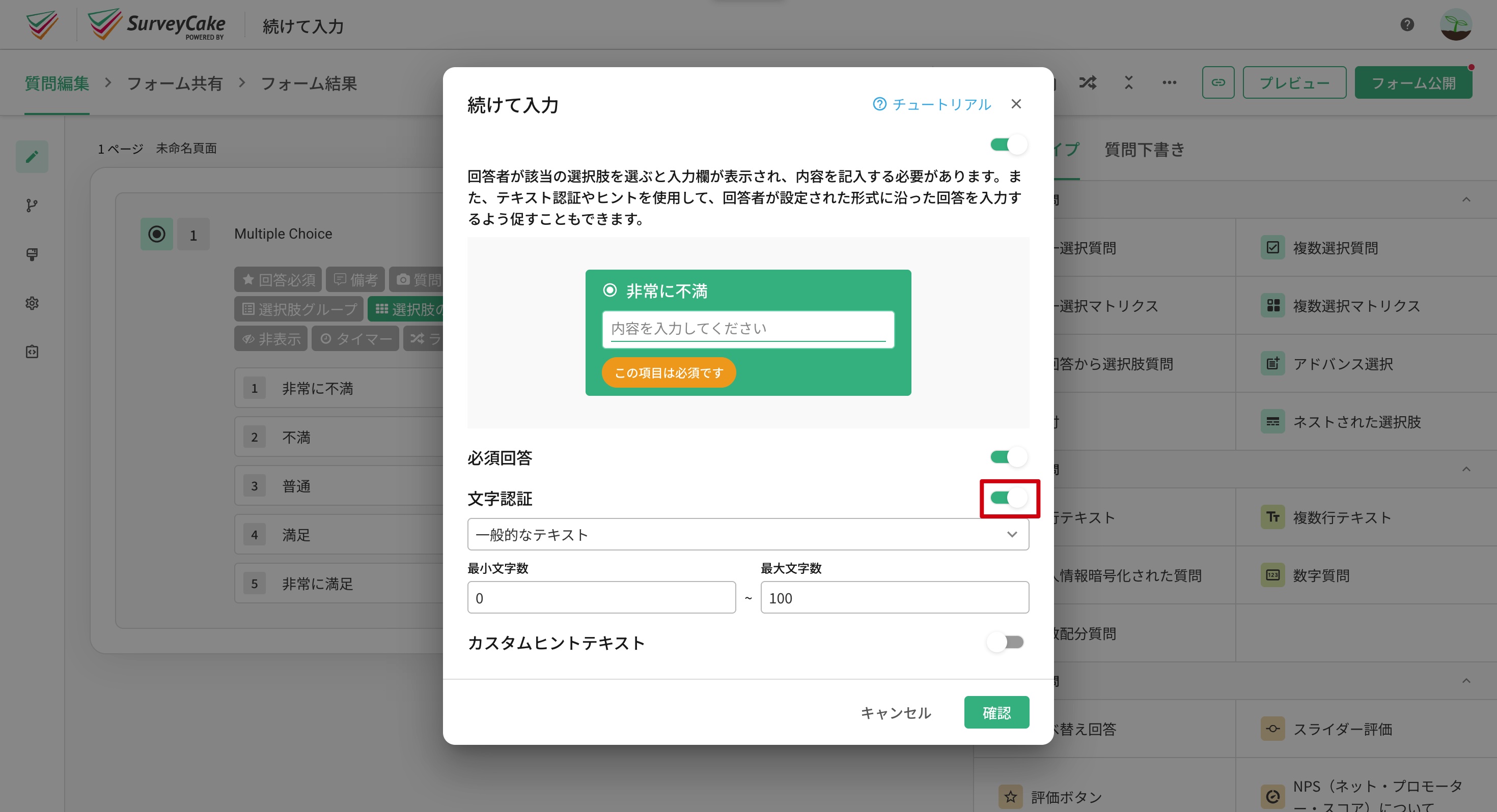 「テキスト検証」トグルをオンにした続けて入力の設定