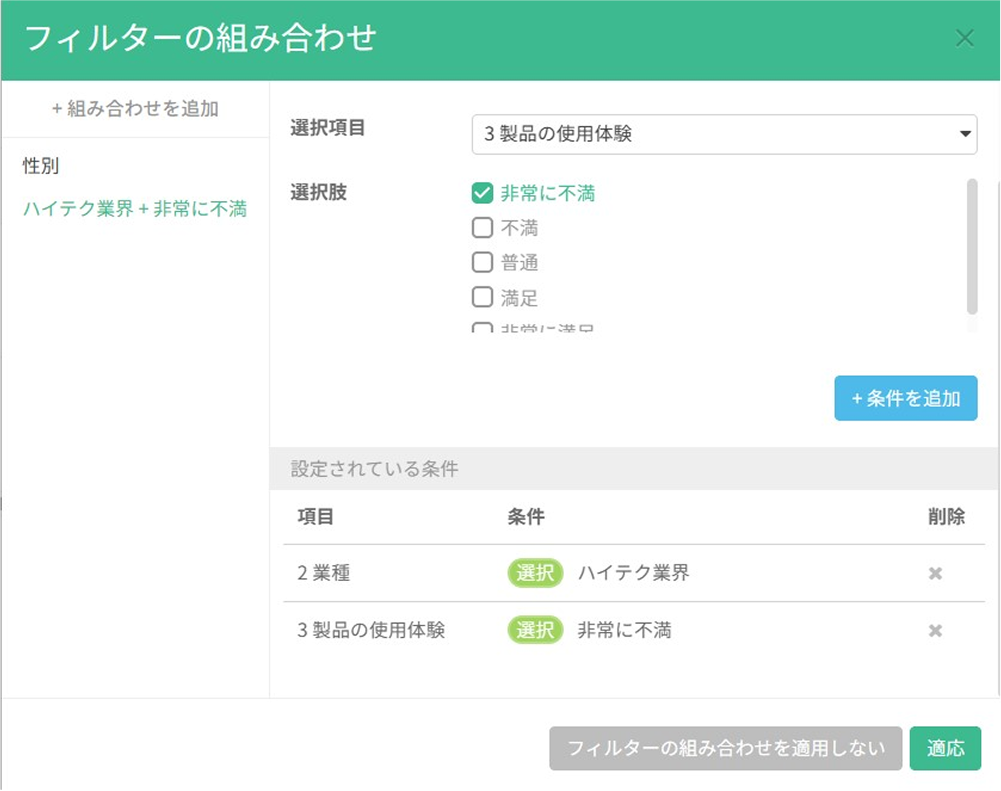 複数条件を組み合わせたフィルター設定と、条件に該当する回答者の分析結果