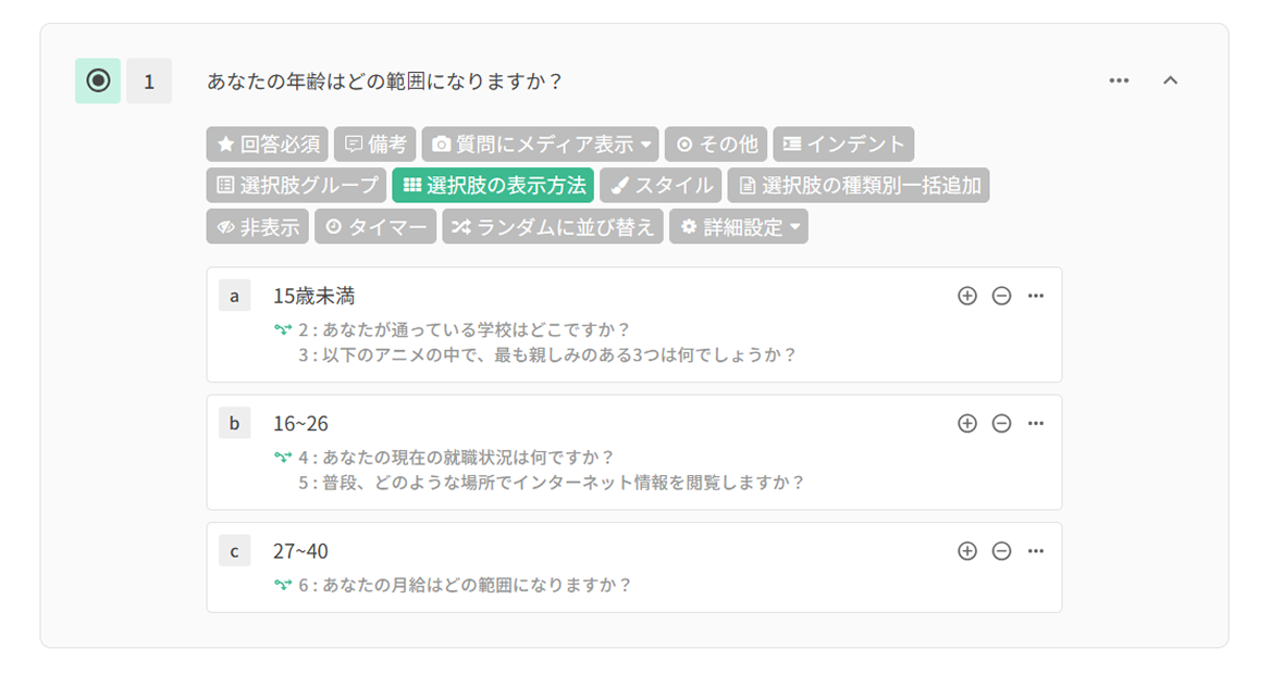 年齢層ごとに異なる質問を出し分ける分岐設定の例