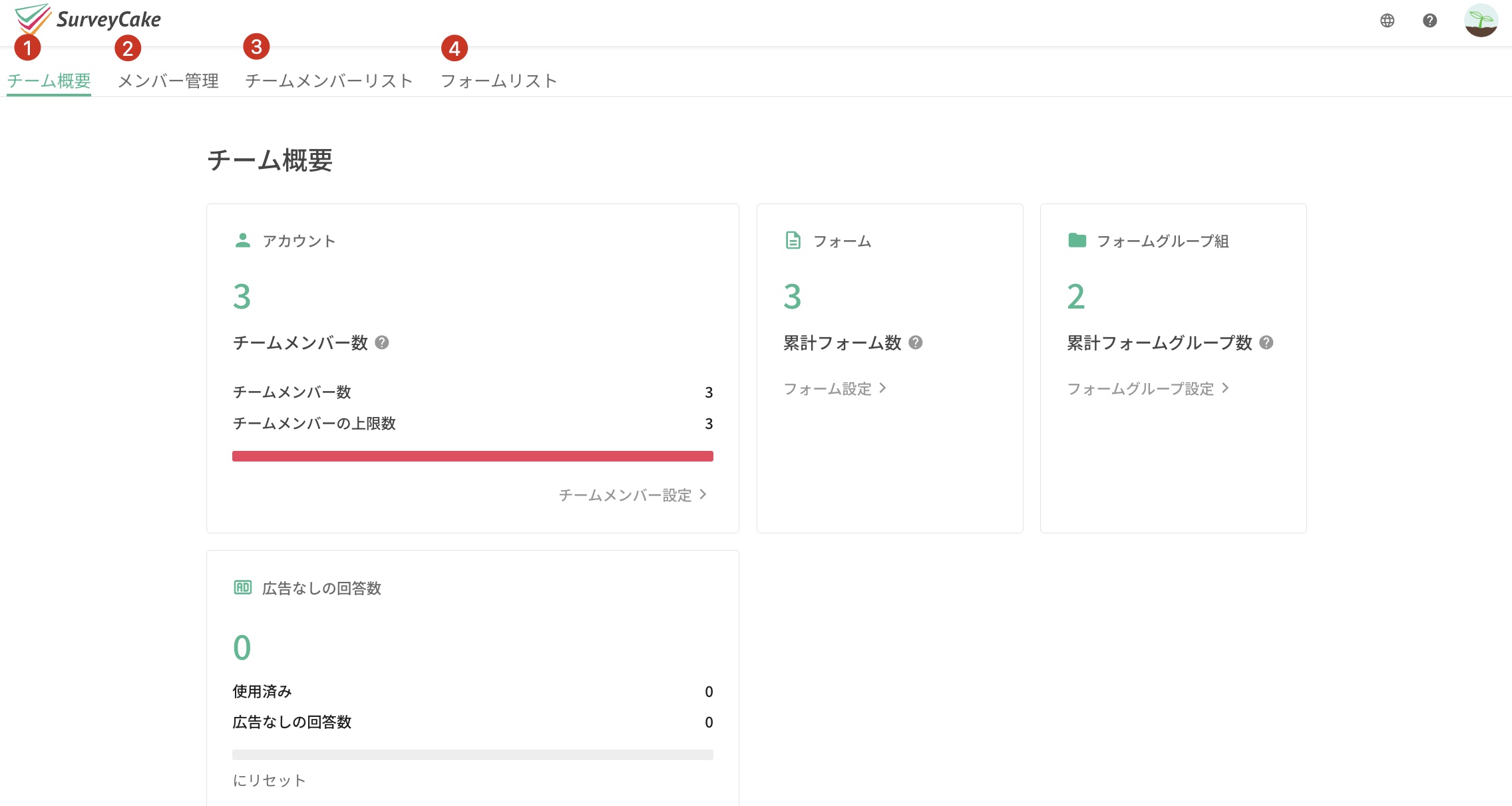 チームアカウントの管理の「チーム概要」タブ。ユーザー数やアンケート数などアカウントの基本情報