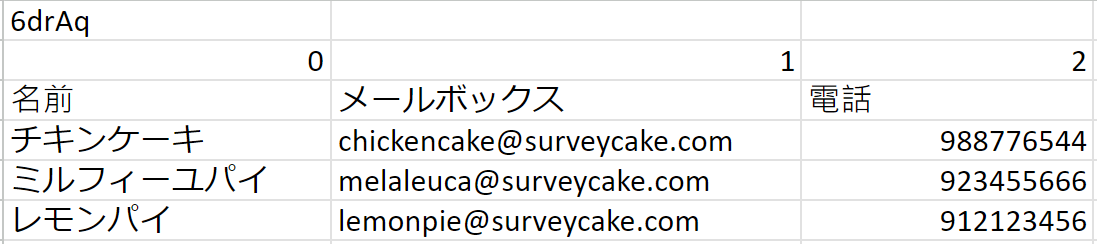 メンバーの情報リストを質問のフィールドに合わせて入力した Excel テンプレート